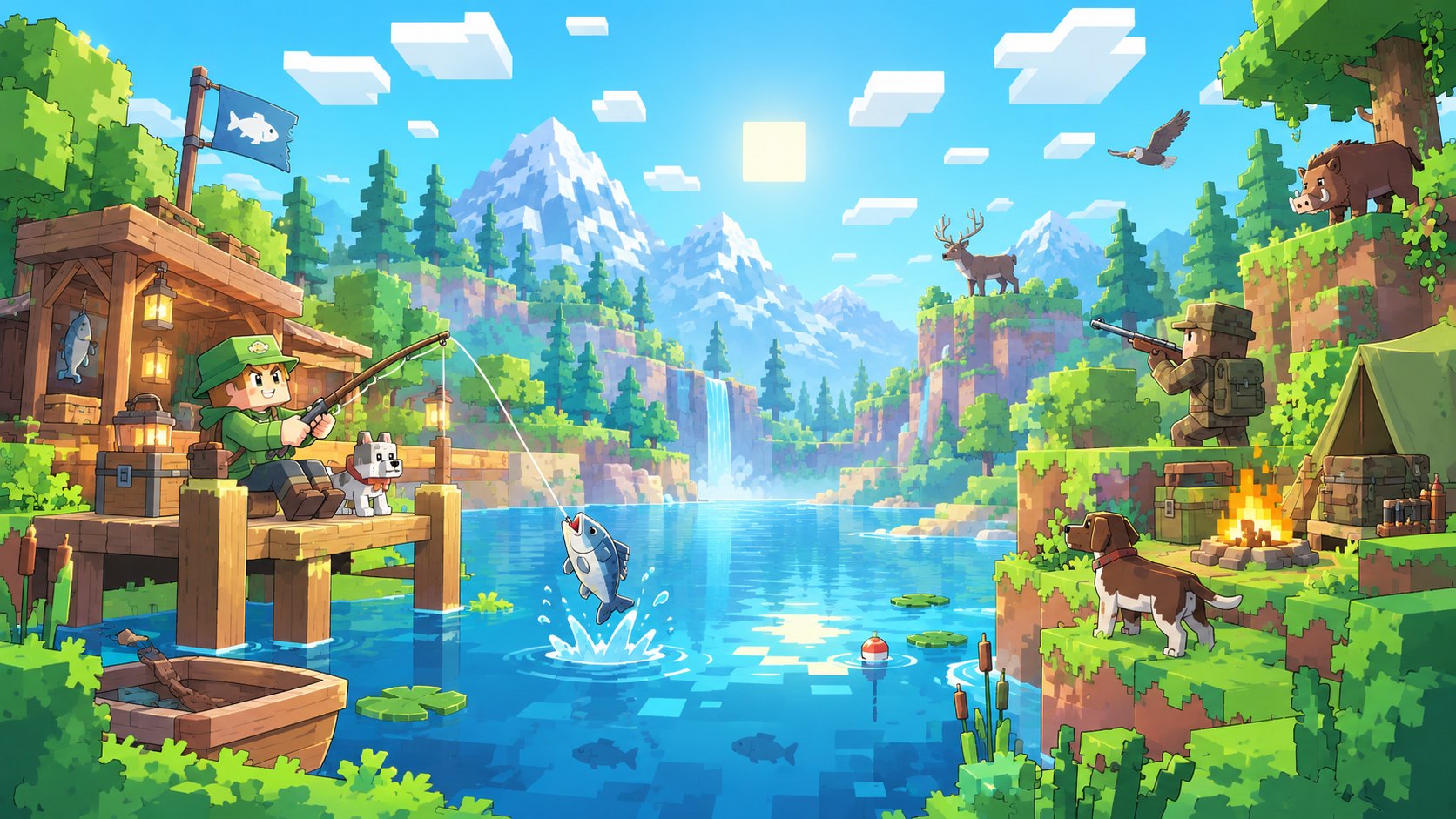 Deux pêcheurs au bord du lac de Fishing Block